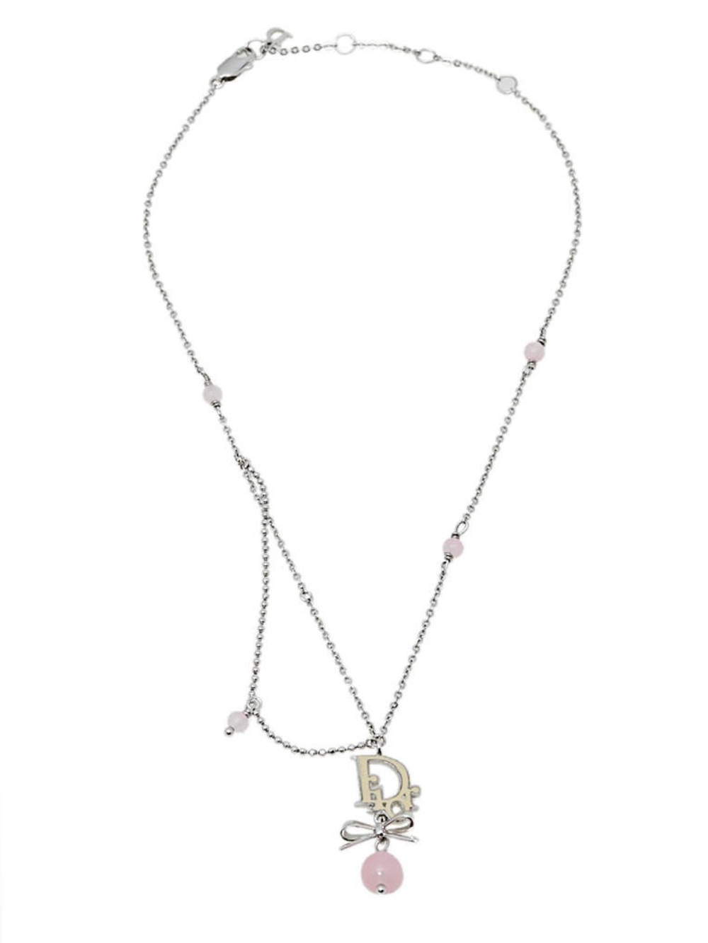 Dior Silver Chain Necklace with Pale Pink Beads and 'D' Bow Charm